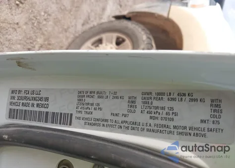 2022 Ram 2500 Tradesman 4X4 8' Box z USA, uszkodzony, nr VIN 3C6UR5HJXNG345189